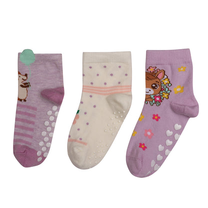 3 Pk Girls Cute Cartoon Crew Socks – Soft Breathable Anti-Slip Cotton Socks For Kids
