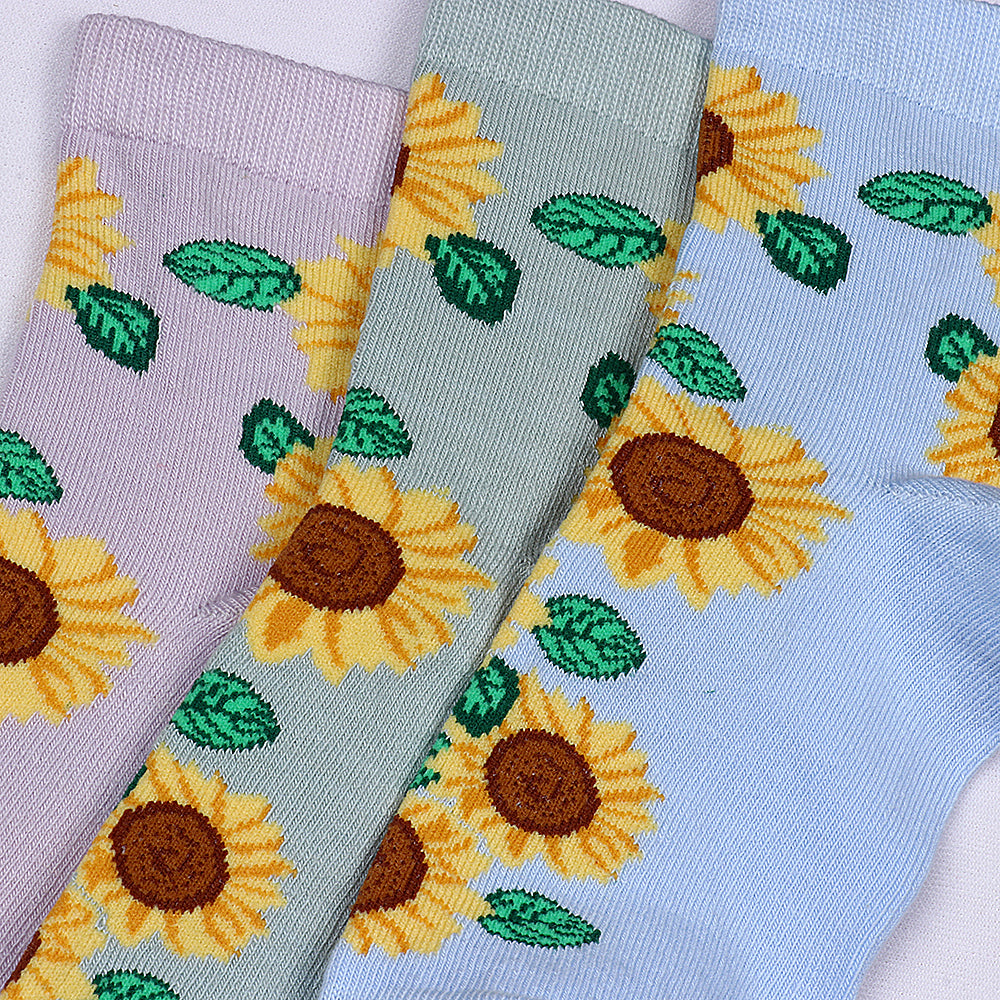 3 Pk Women's Pastel Sunflower Crew Socks