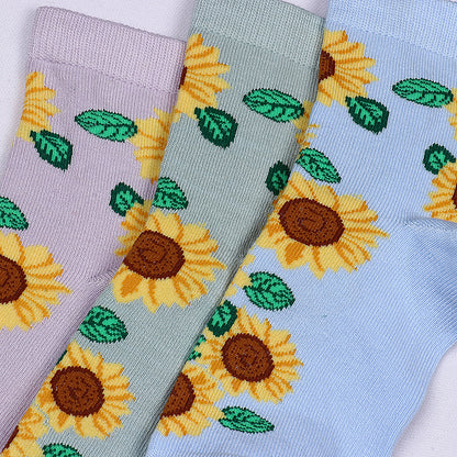 3 Pk Women's Pastel Sunflower Crew Socks