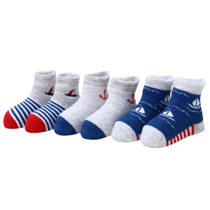 3 Pk Sailboat Print Baby Grip Socks  Soft Cotton Terry Socks
