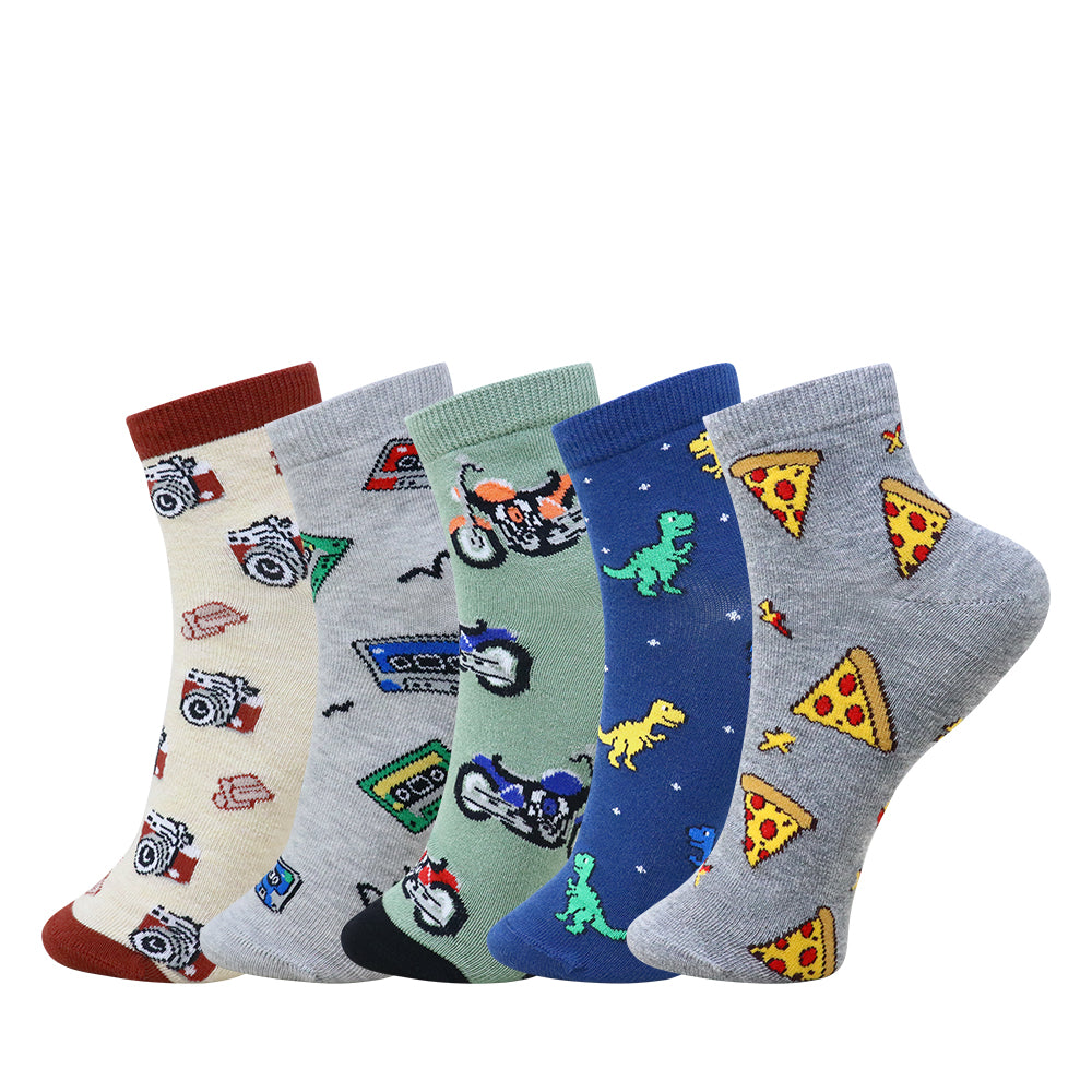 5 Pk Mustang Kids Printed Crew-Length Cotton Socks – Fun Cartoon & Pizza Designs