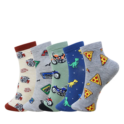 5 Pk Mustang Kids Printed Crew-Length Cotton Socks – Fun Cartoon & Pizza Designs