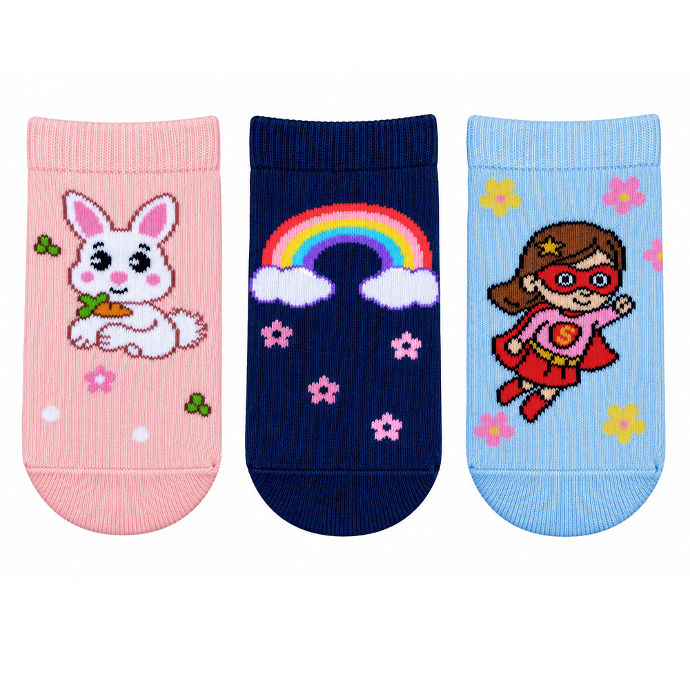 3 Pk Girls’ Cute Cartoon & Rainbow Printed Crew Socks