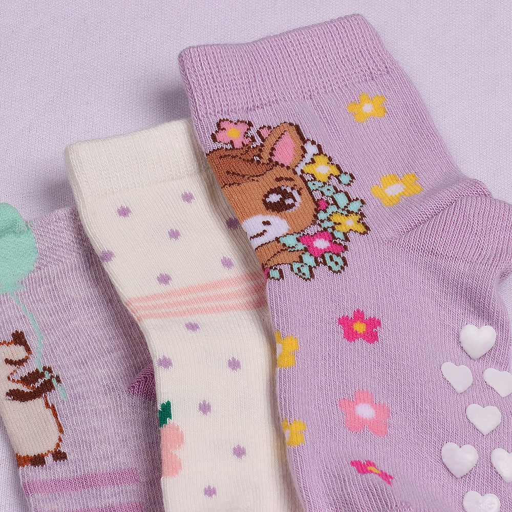 3 Pk Girls Cute Cartoon Crew Socks – Soft Breathable Anti-Slip Cotton Socks For Kids