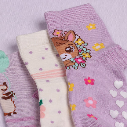 3 Pk Girls Cute Cartoon Crew Socks – Soft Breathable Anti-Slip Cotton Socks For Kids