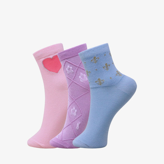 3 Pk Women's Cute Pattern Crew Socks Heart, Diamond & Star Design