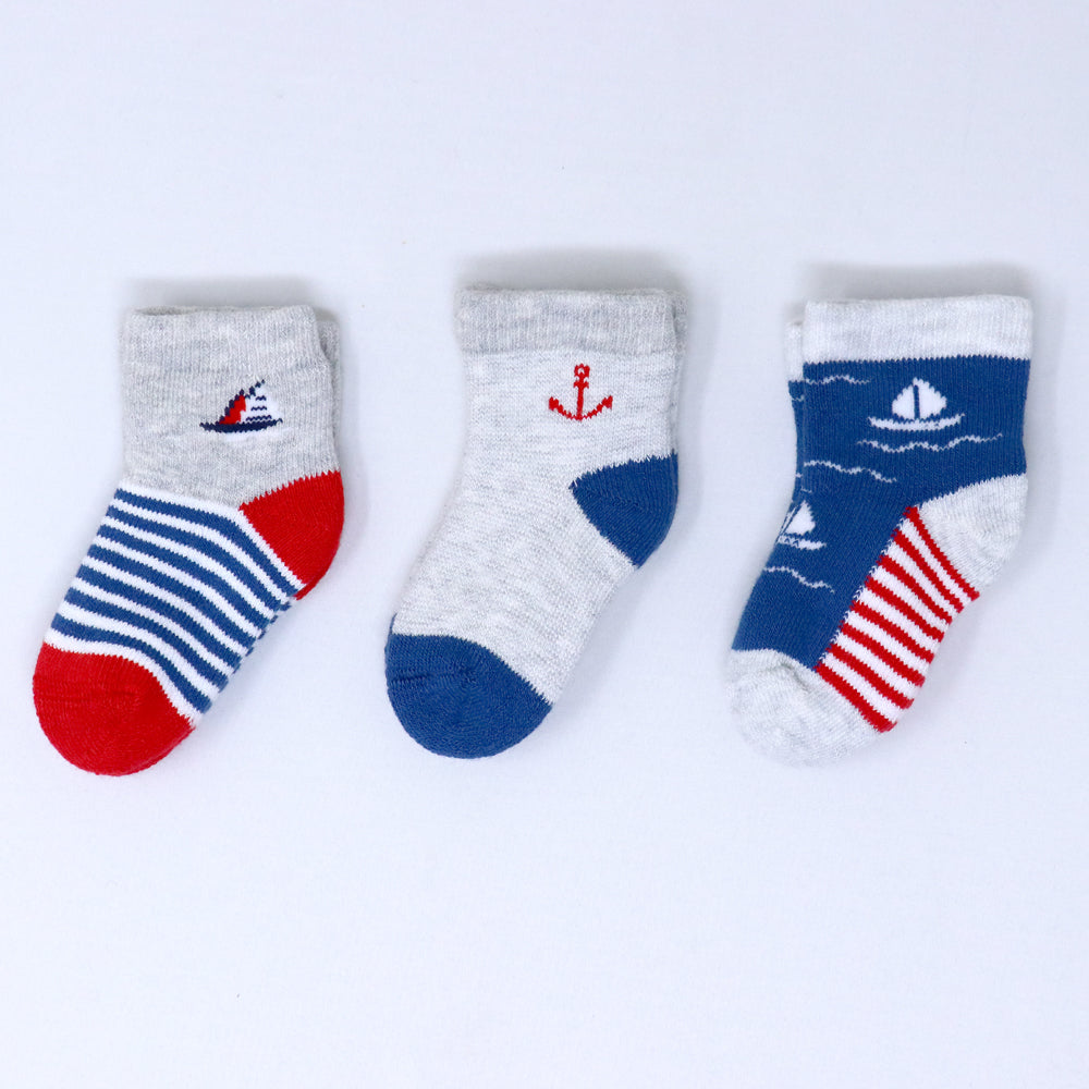 3 Pk Sailboat Print Baby Grip Socks  Soft Cotton Terry Socks