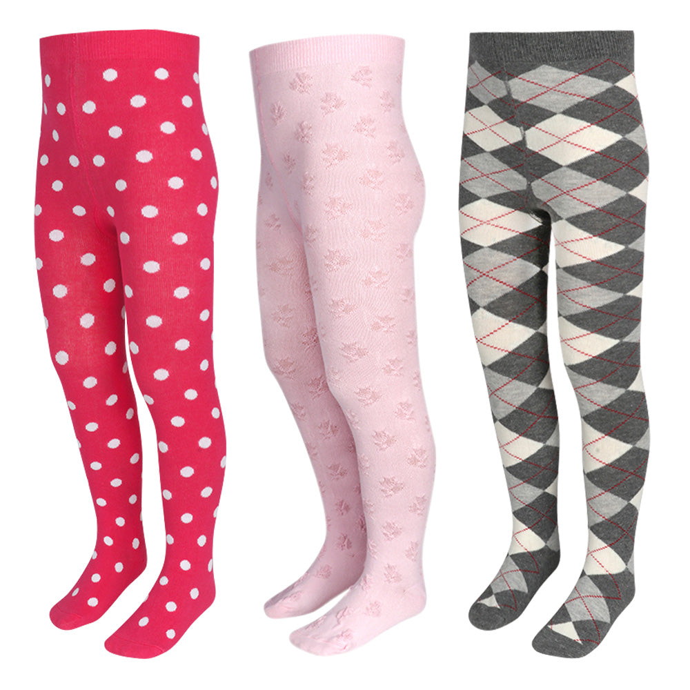 3 Pk Girls' Premium Cotton Designer Full-Length Tights Combo Pack