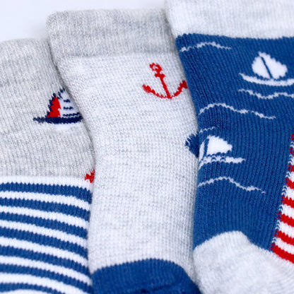 3 Pk Sailboat Print Baby Grip Socks  Soft Cotton Terry Socks