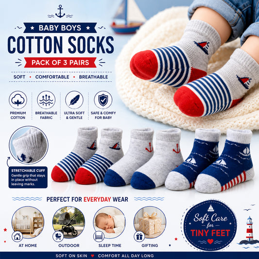 3 Pk Sailboat Print Baby Grip Socks  Soft Cotton Terry Socks
