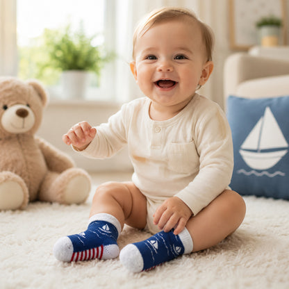 3 Pk Sailboat Print Baby Grip Socks  Soft Cotton Terry Socks