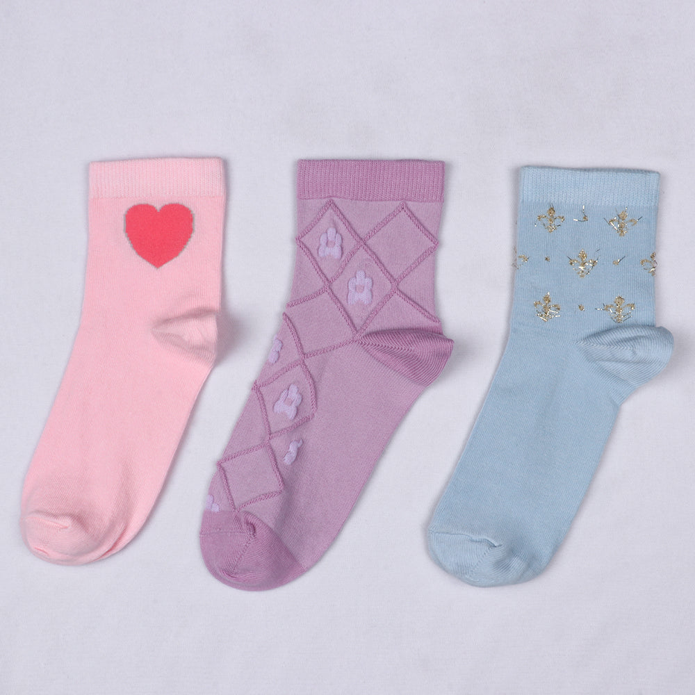 3 Pk Women's Cute Pattern Crew Socks Heart, Diamond & Star Design