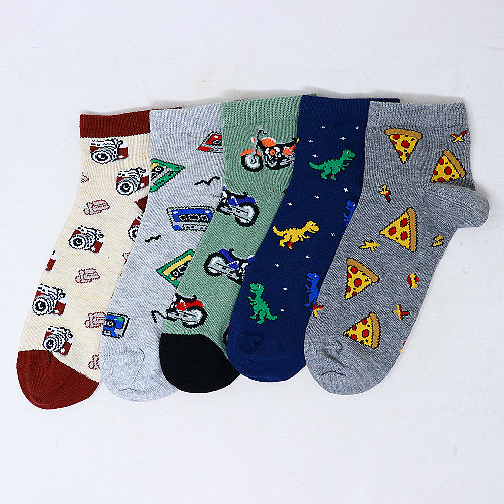 5 Pk Mustang Kids Printed Crew-Length Cotton Socks – Fun Cartoon & Pizza Designs