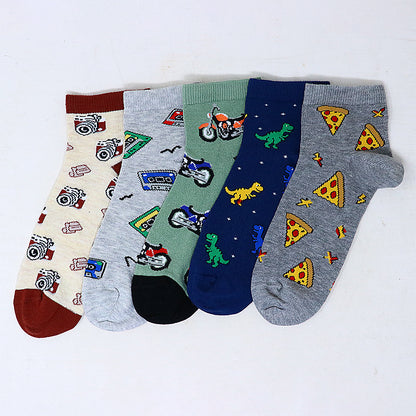 5 Pk Mustang Kids Printed Crew-Length Cotton Socks – Fun Cartoon & Pizza Designs