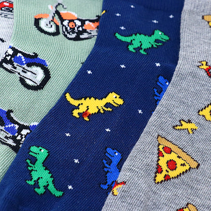 5 Pk Mustang Kids Printed Crew-Length Cotton Socks – Fun Cartoon & Pizza Designs