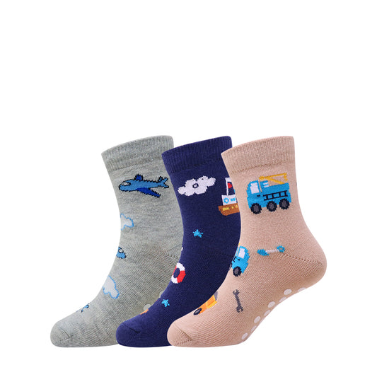 3 Pk  Kids Anti-Slip Cotton Crew Socks – Transport & Adventure Theme