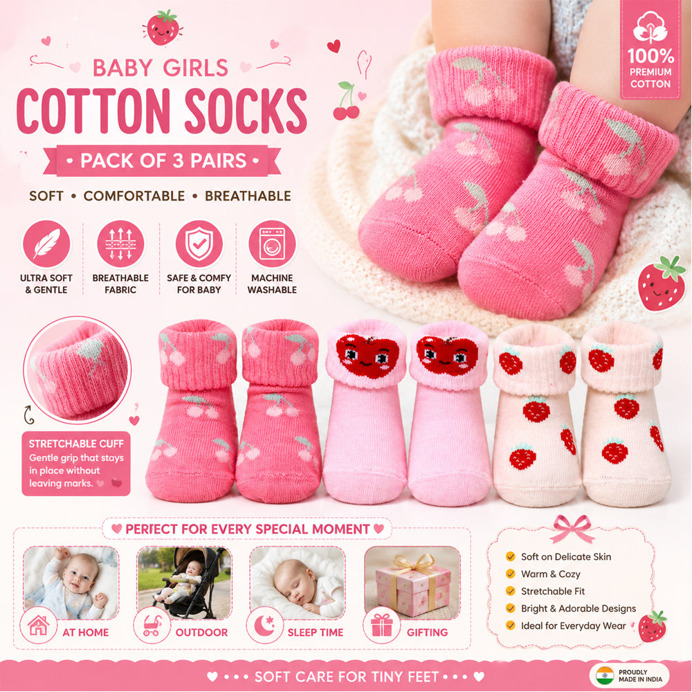 3 Pk Cute Baby Girl Grip Socks  Soft Cotton Terry Socks