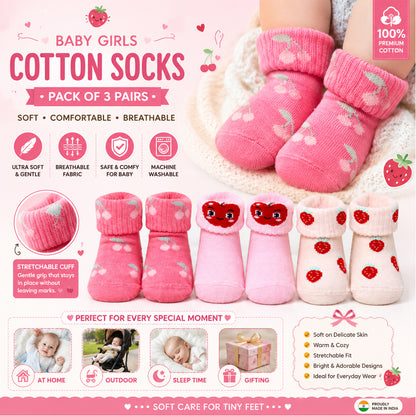 3 Pk Cute Baby Girl Grip Socks  Soft Cotton Terry Socks