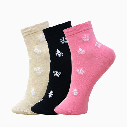3 Pk Women’s Crown Print Crew Socks – Stylish & Elegant Printed Socks