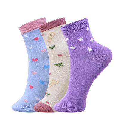 3 Pk Girls’ Heart, Floral & Star Printed Socks