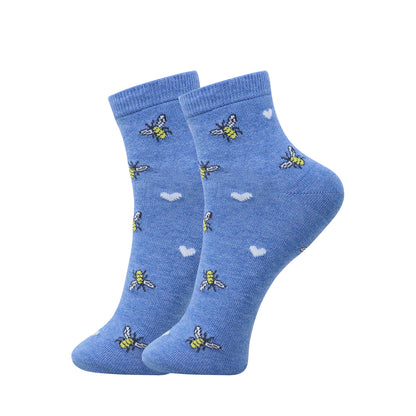 3 Pk Girls’ Cute Printed Crew Socks – Bee & Heart Pattern
