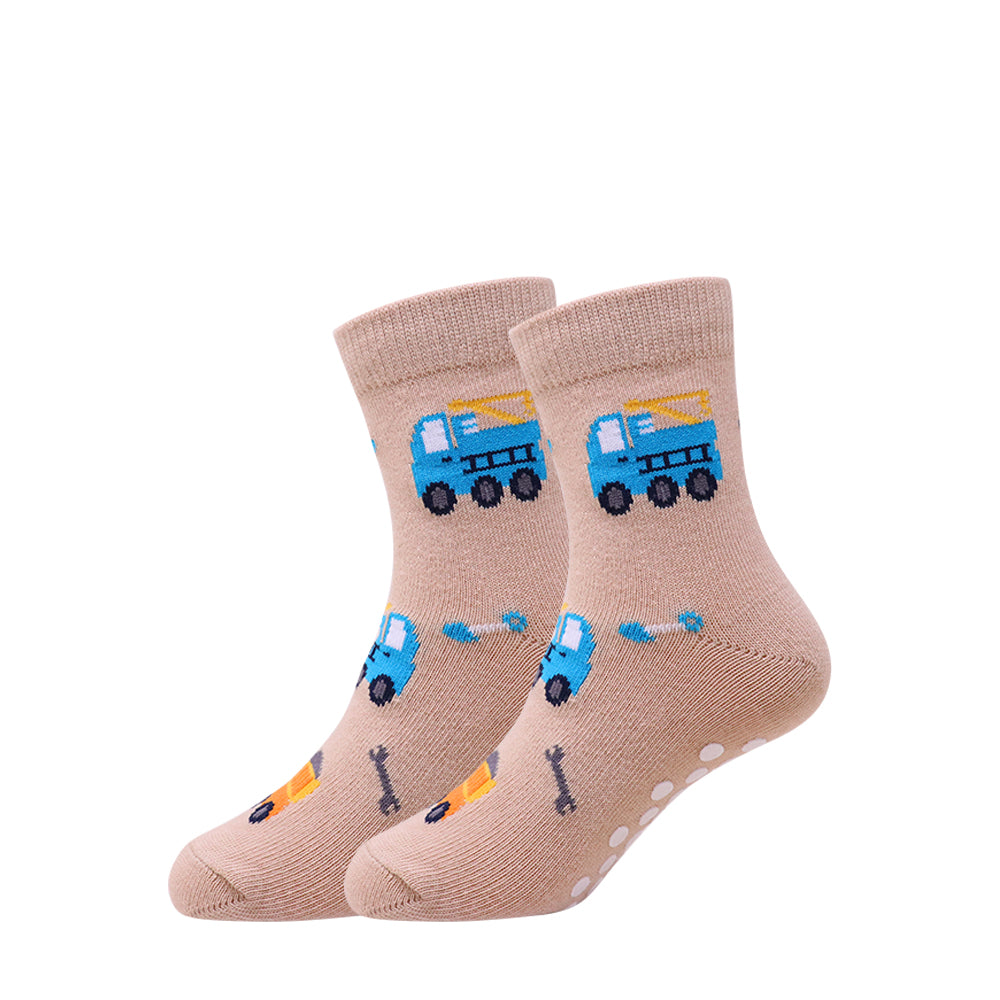 3 Pk  Kids Anti-Slip Cotton Crew Socks – Transport & Adventure Theme