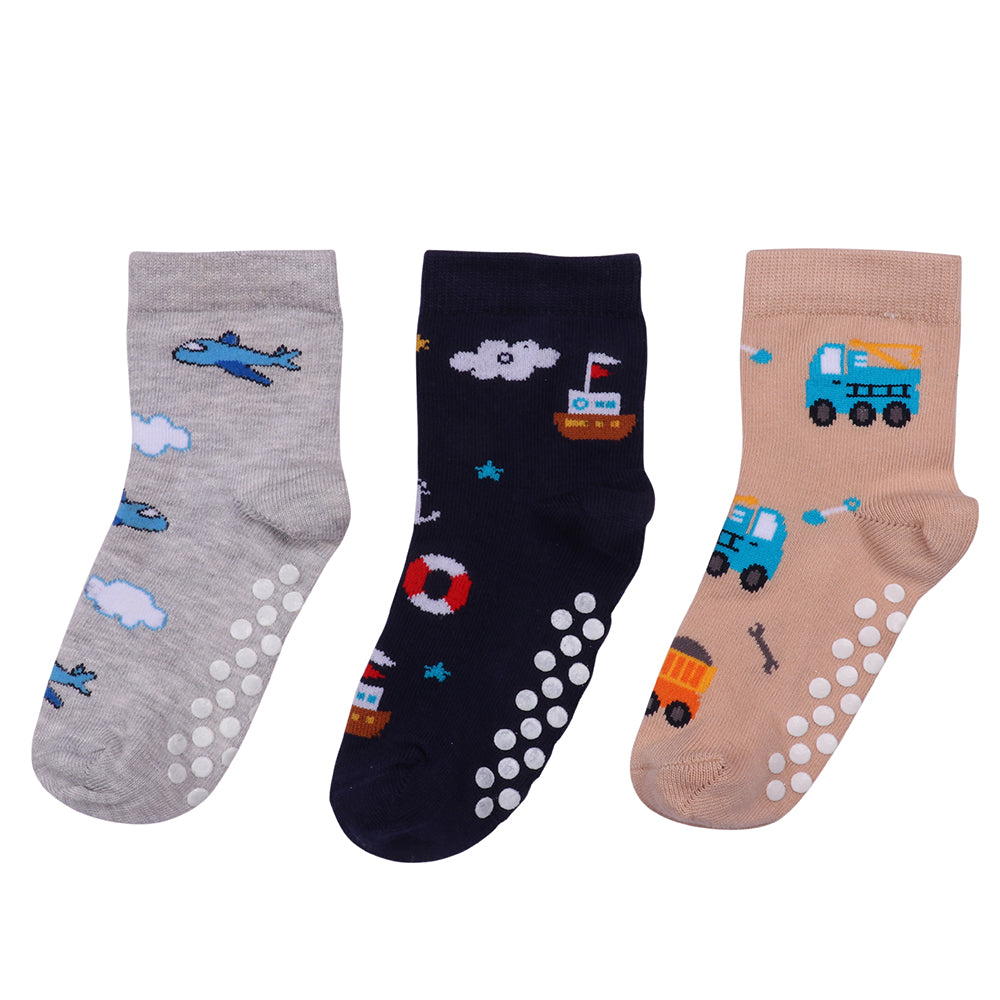 3 Pk  Kids Anti-Slip Cotton Crew Socks – Transport & Adventure Theme