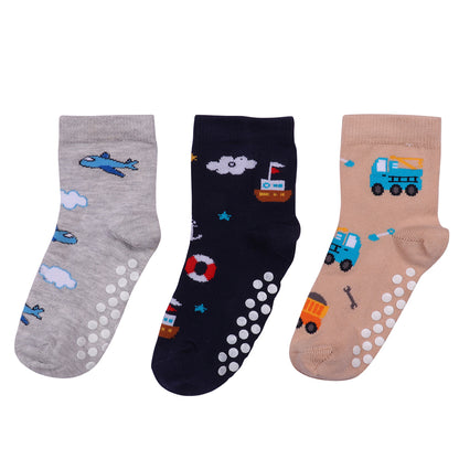 3 Pk  Kids Anti-Slip Cotton Crew Socks – Transport & Adventure Theme
