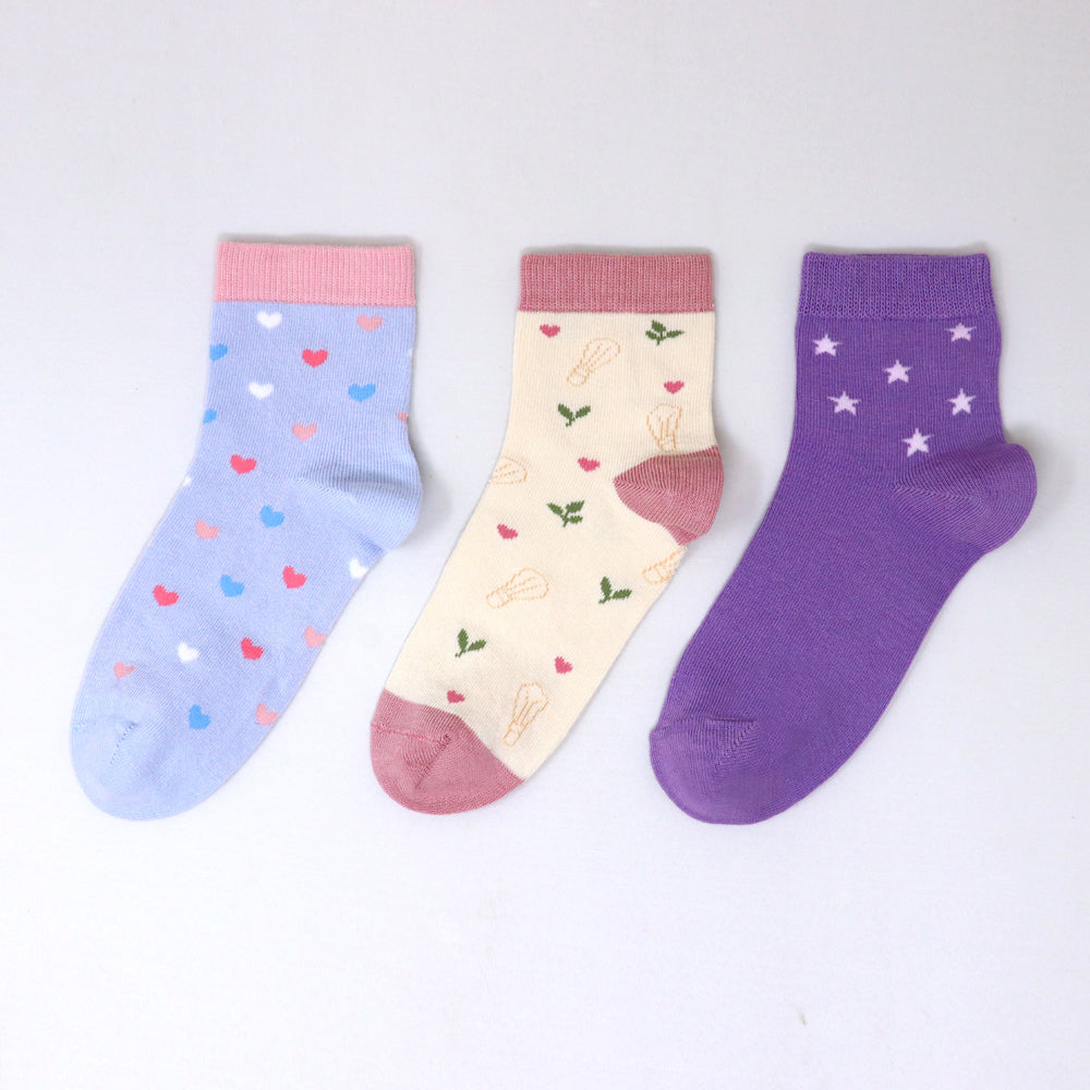 3 Pk Girls’ Heart, Floral & Star Printed Socks