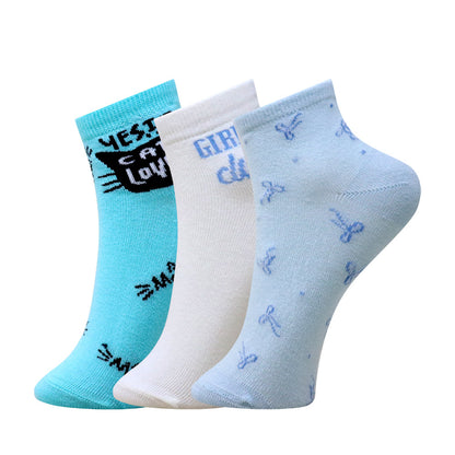 3 Pk Women's Cute Crew Socks Graphic, Typography & Bow Print