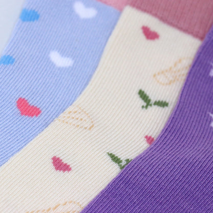 3 Pk Girls’ Heart, Floral & Star Printed Socks