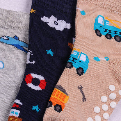 3 Pk  Kids Anti-Slip Cotton Crew Socks – Transport & Adventure Theme
