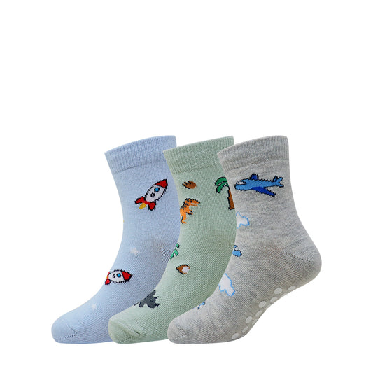 3 Pk Kids Cotton Anti-Slip Crew Socks – Space, Dino & Airplane Theme