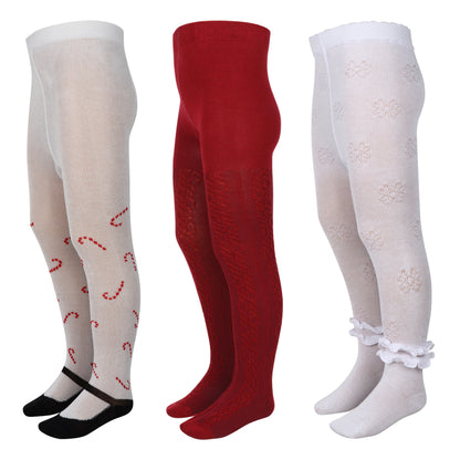 3 Pk Girls' Cable Knit & Floral Designer Stockings