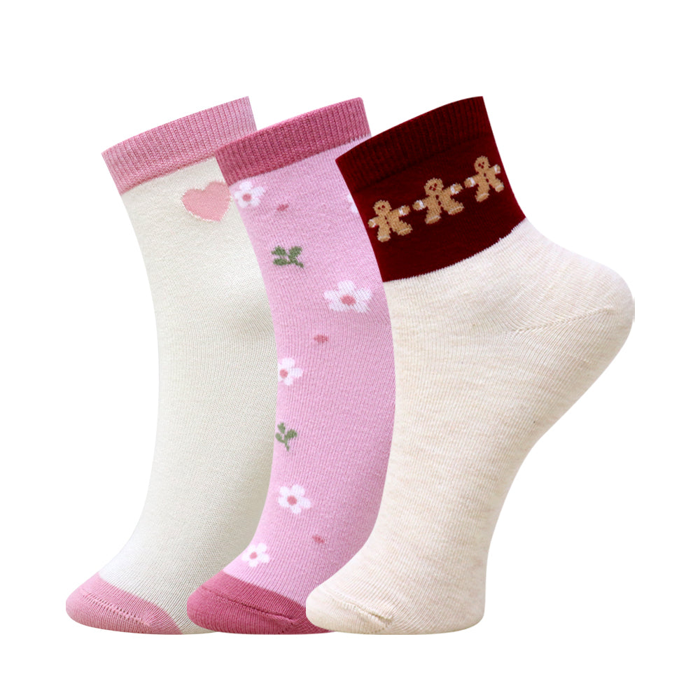 3 Pk Girls Floral & Teddy Bear Crew Socks