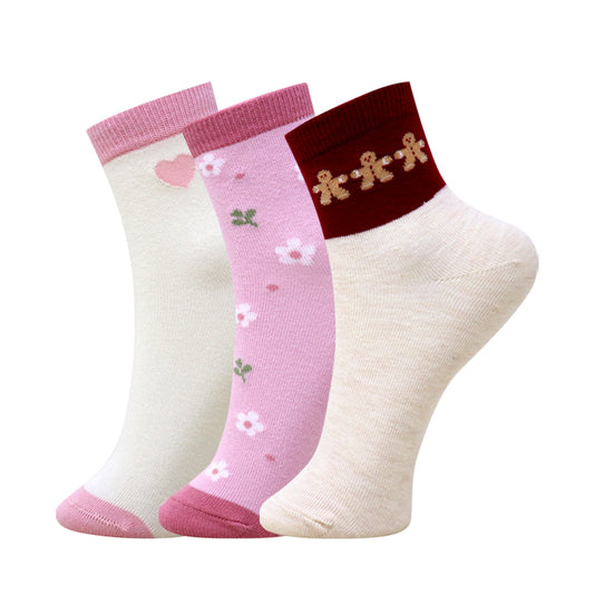 3 Pk Girls Floral & Teddy Bear Crew Socks