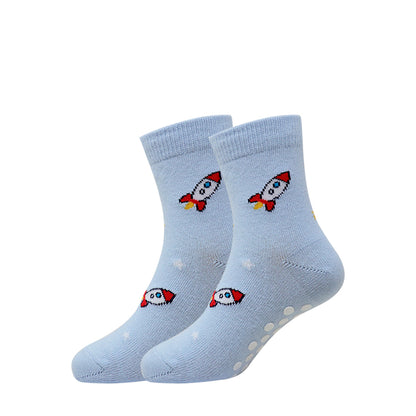 3 Pk Kids Cotton Anti-Slip Crew Socks – Space, Dino & Airplane Theme