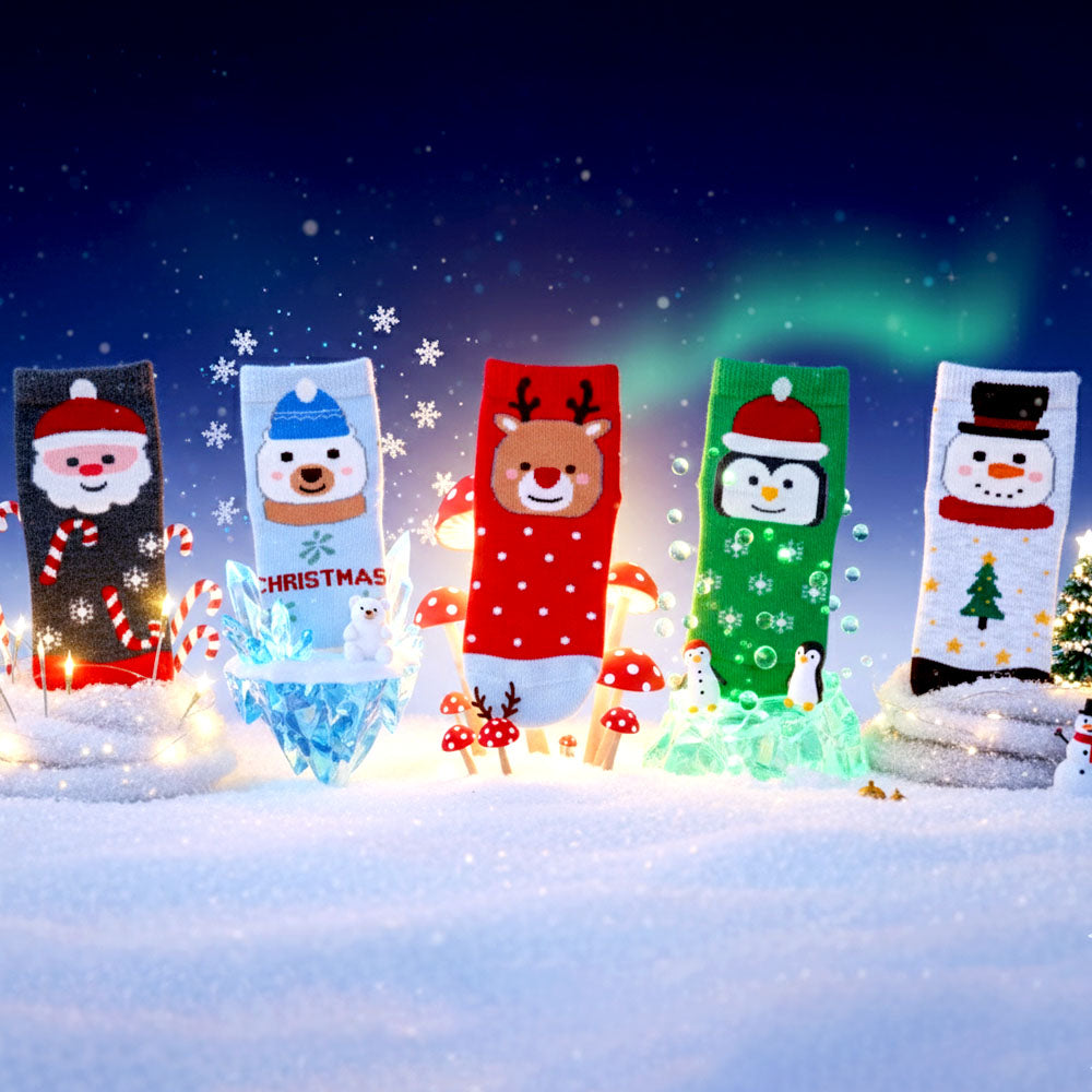 5 Pk Kid's Santa Cartoon Christmas Socks