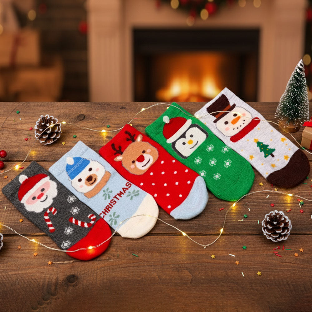5 Pk Kid's Santa Cartoon Christmas Socks
