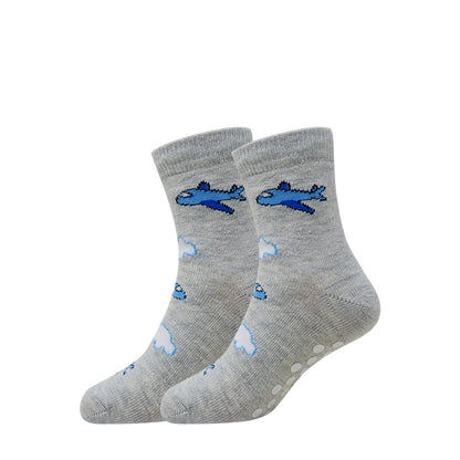 3 Pk Kids Cotton Anti-Slip Crew Socks – Space, Dino & Airplane Theme