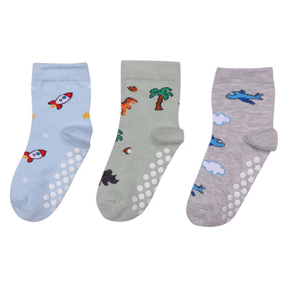 3 Pk Kids Cotton Anti-Slip Crew Socks – Space, Dino & Airplane Theme