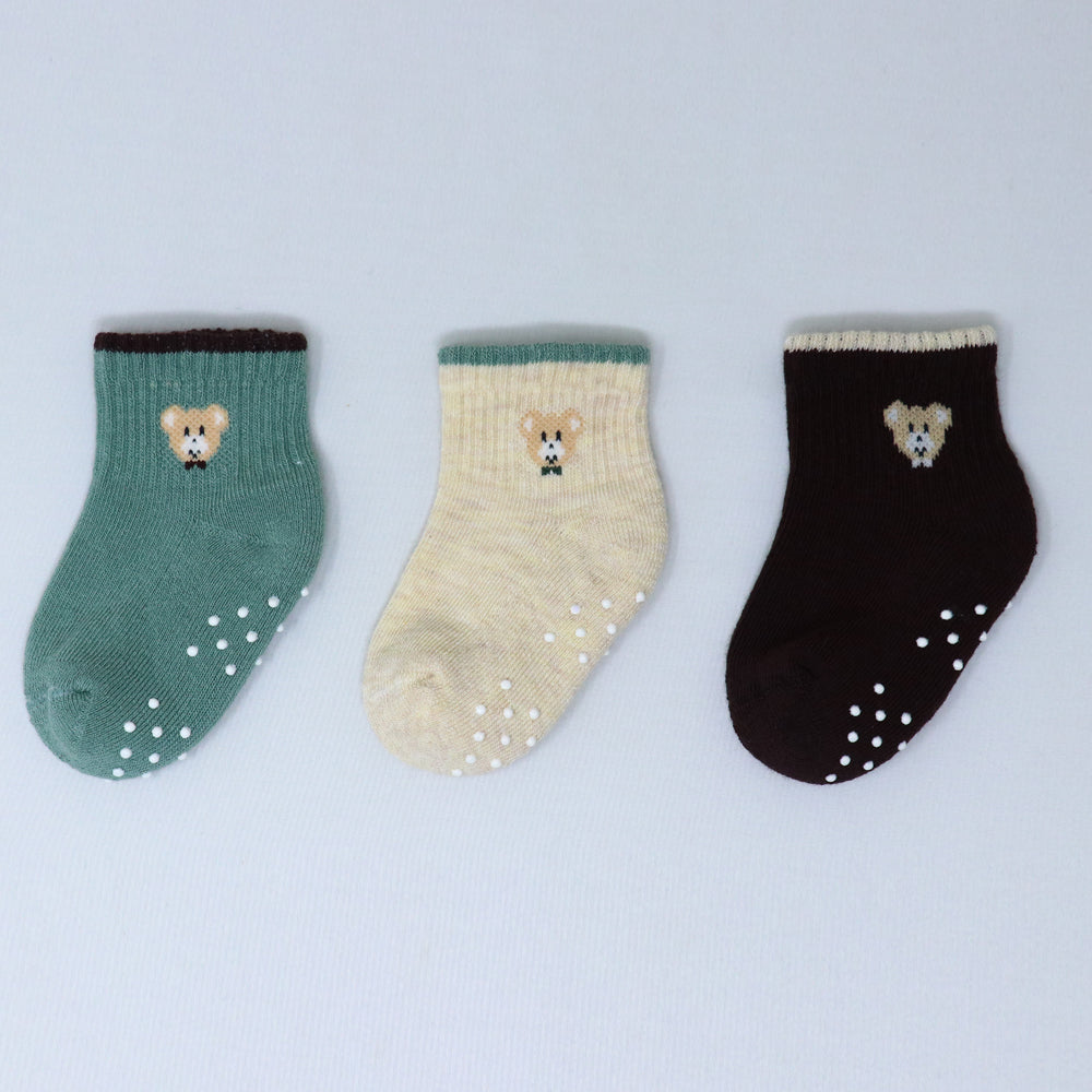3 Pk Mustang Kids Ankle Socks With Teddy Bear Design & Non-Slip Dots