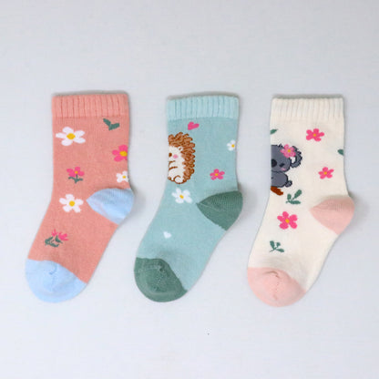 3 Pk Girls’ Floral & Animal Print Crew Socks