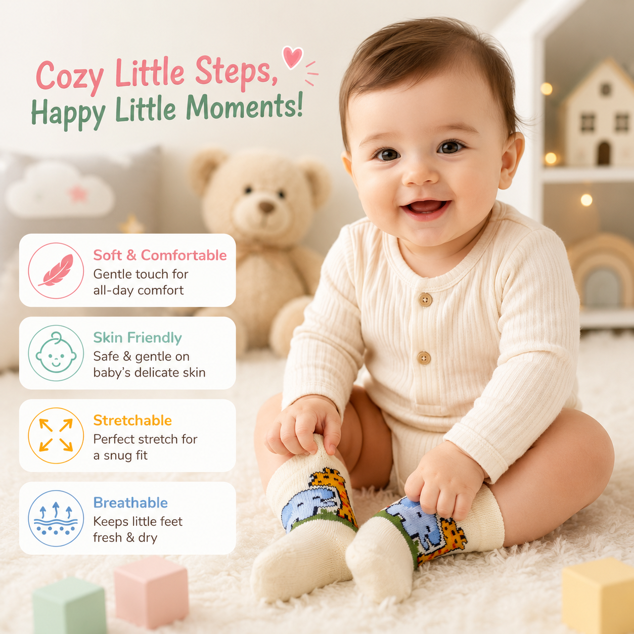 3 Pk Baby Cotton Terry Socks Cute Animal Character Socks For Toddlers
