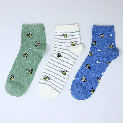 3 Pk Girls’ Cute Printed Crew Socks – Bee & Heart Pattern