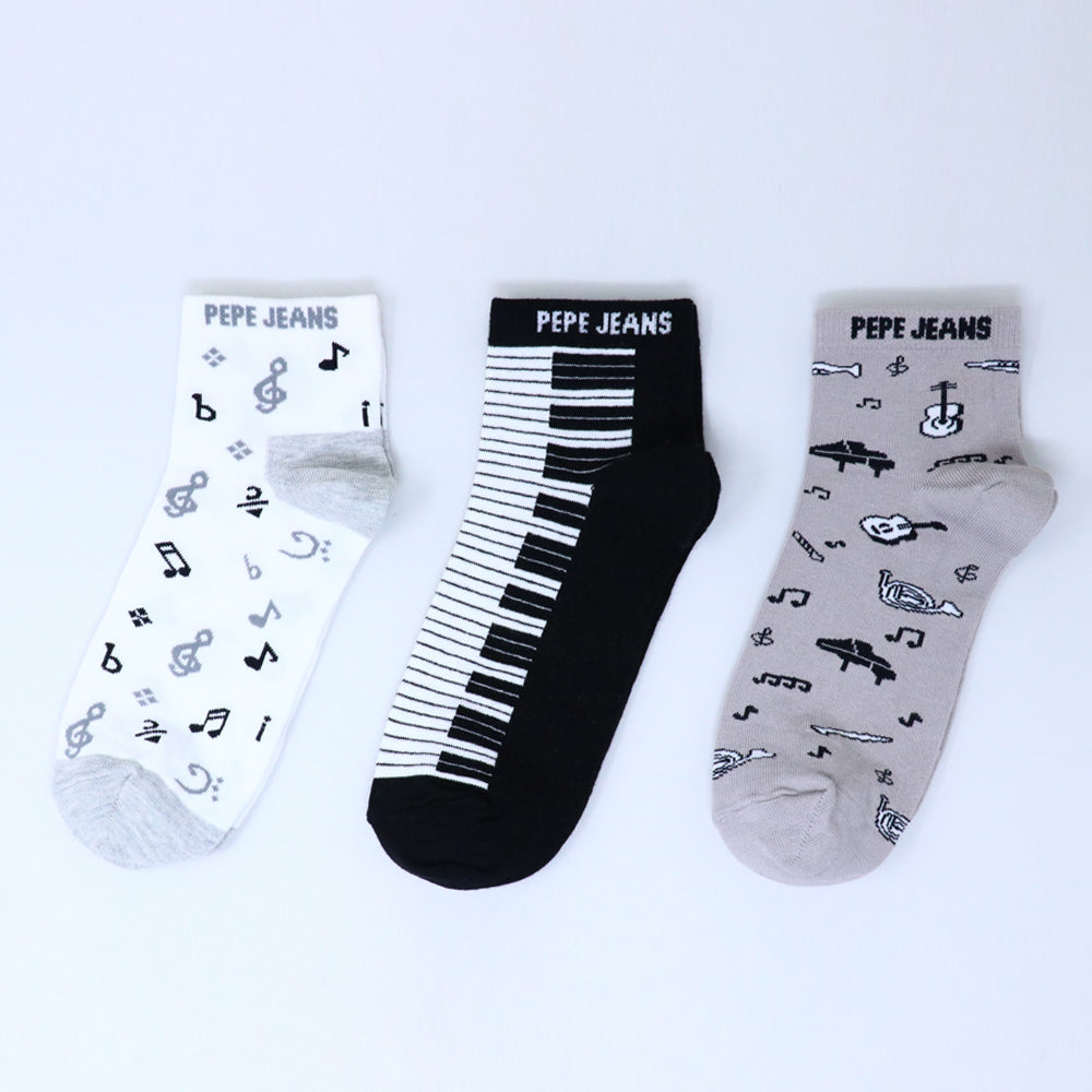 3 Pk Mustang Pepe Jeans Men’s Music & Piano Printed Ankle Socks