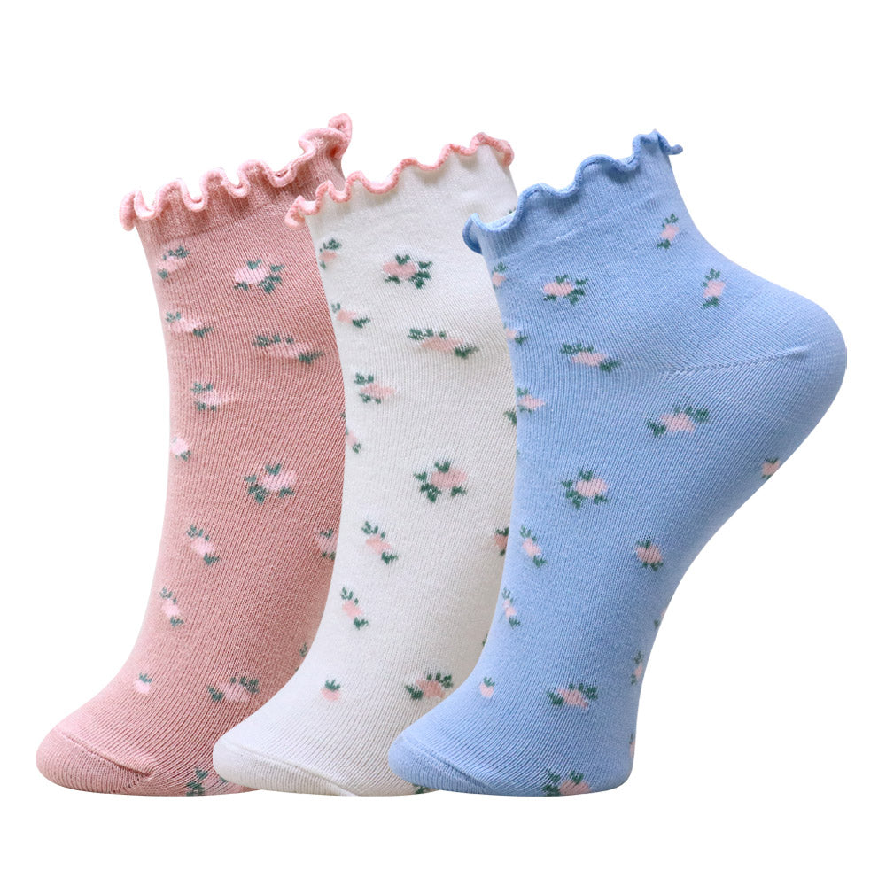 3 Pk Women's Floral Ruffle Crew Socks