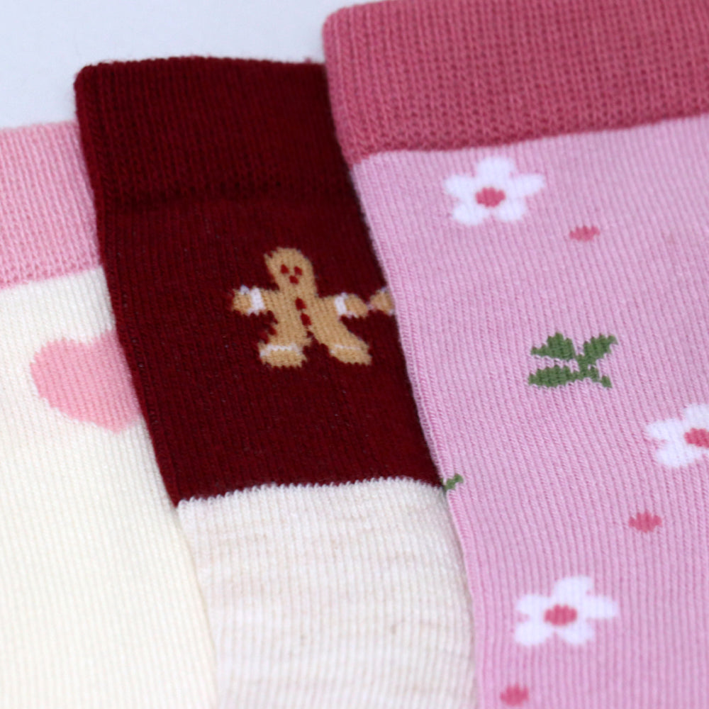3 Pk Girls Floral & Teddy Bear Crew Socks