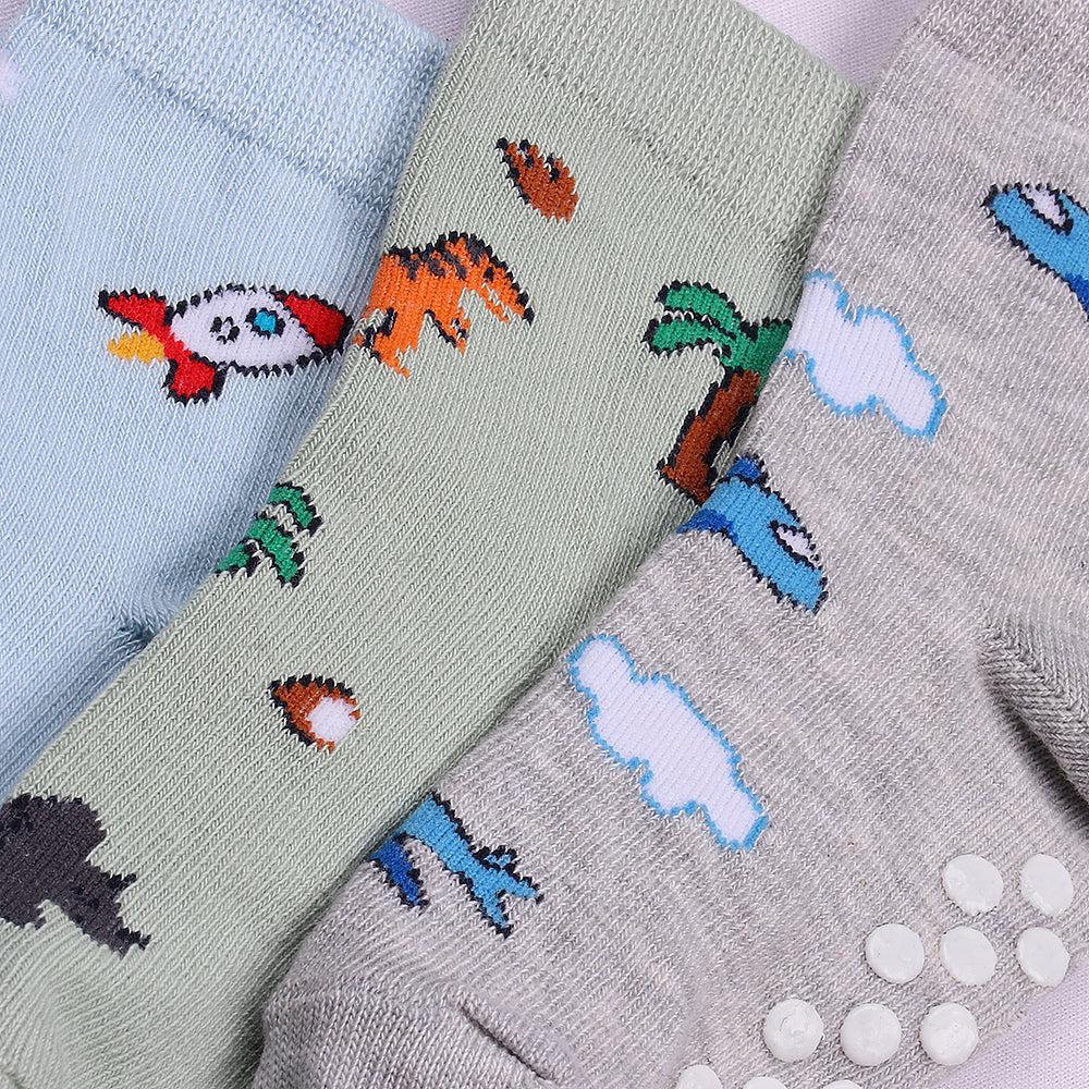 3 Pk Kids Cotton Anti-Slip Crew Socks – Space, Dino & Airplane Theme