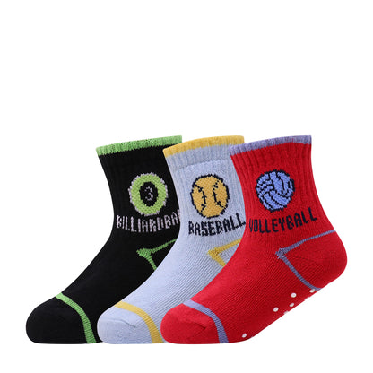 3 Pk Kids Sports Crew Socks – Anti-Slip Cotton Athletic Socks
